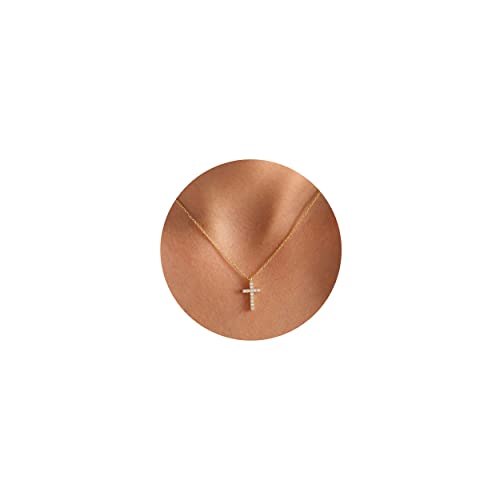 Fesciory Kreuz-Halskette für Damen, 14 Karat vergoldet, Kreuz-Anhänger, zierliche, mehrlagige Kette, Halskette, Schmuck, Geschenke (Diamantkreuz (Gold)), Messing, Achat von Fesciory