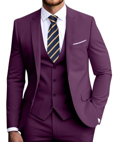 Fesenbo Herren Slim Fit 3-teiliges Anzug-Set, formelle Hochzeit, Smoking in Schwarz, Marineblau, Violett (Grape Purple), 3XL von Fesenbo