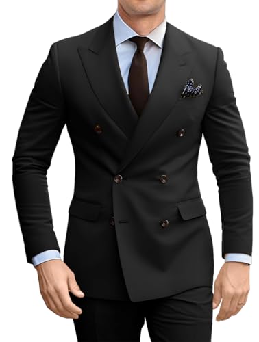 Fesenbo Zweireihiger Anzug für Herren, schmale Passform, 2-teilig, Anzug-Blazer, Hose, formelle Smokingjacke mit 2 Knöpfen, für Hochzeit, Business, Abschlussball, Schwarz, M von Fesenbo