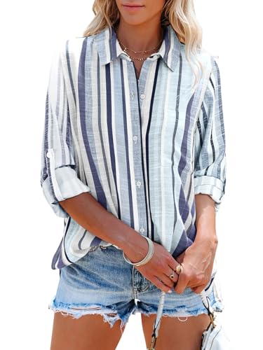 Fessceruna Bluse Damen Langarm Streifen V-Ausschnitt Oberteile Casual Oversized Longbluse(Lila&Grau, M) von Fessceruna