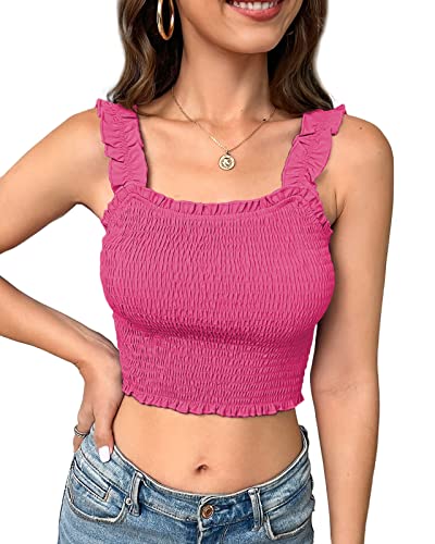 Fessceruna Damen Gesmoktes Tank Tops Sommer Rüschenbesatz Ärmellose Slim Crop Tops von Fessceruna