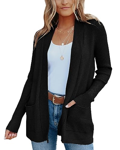 Fessceruna Damen Langarm Strickjacke Vorne Offen Cardigans Leicht Gestrickt Jacke mit Taschen, Schwarz, S von Fessceruna