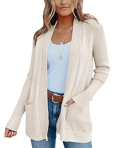 Fessceruna Damen Langarm Strickjacke Vorne Offen Cardigans Leicht Gestrickt Jacke mit Taschen,Beige,M von Fessceruna