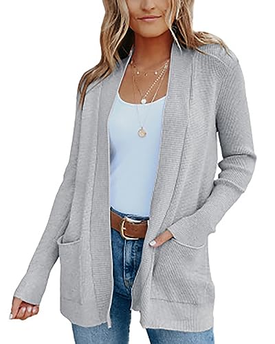 Fessceruna Damen Langarm Strickjacke Vorne Offen Cardigans Leicht Gestrickt Jacke mit Taschen,Grau, M von Fessceruna