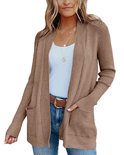 Fessceruna Damen Langarm Strickjacke Vorne Offen Cardigans Leicht Gestrickt Jacke mit Taschen,Khai,L von Fessceruna