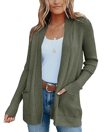 Fessceruna Damen Langarm Strickjacke Vorne Offen Cardigans Leicht Gestrickt Jacke mit Taschen,Olivgrün,XL von Fessceruna