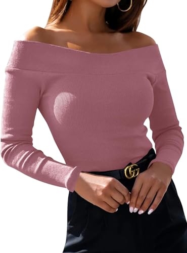 Fessceruna Damen Langarmshirt Sexy Schulterfrei Tops Einfarbig Slim Tshirt Casual Oberteile Elastische Pulli(Rosa/XXL) von Fessceruna