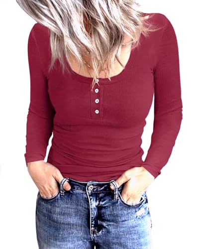 Fessceruna Damen Langarmshirt U-Ausschnitt Slim Fit Oberteil Longsleeve Shirt Basic Geripptes Pullover mit Knöpfen(Weinrot, S) von Fessceruna
