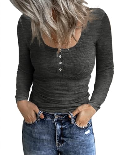 Fessceruna Damen Langarmshirt U-Ausschnitt Slim Fit Oberteil Longsleeve Shirt Basic Geripptes Pullover mit Knöpfen(Dunkelgrau, M) von Fessceruna