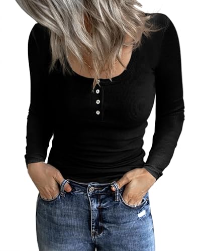 Fessceruna Damen Langarmshirt U-Ausschnitt Slim Fit Pullover Longsleeve Shirt Basic Geripptes Oberteil mit Knöpfen(Schwarz, L) Fessceruna Damen Langarmshirt U-Ausschnitt Slim Fit Pullover Longsleeve Shirt Basic Geripptes Oberteil mit Knöpfen(Schwarz, L) von Fessceruna