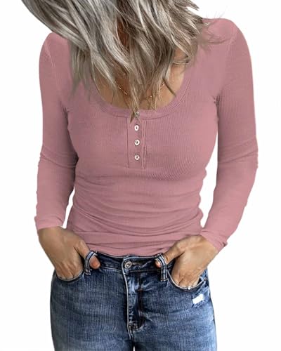 Fessceruna Damen Langarmshirt U-Ausschnitt Slim Fit Oberteil Longsleeve Shirt Basic Geripptes Pullover mit Knöpfen(Dunkelrosa, L) von Fessceruna