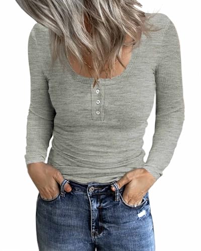 Fessceruna Damen Langarmshirt U-Ausschnitt Slim Fit Oberteil Longsleeve Shirt Basic Geripptes Pullover mit Knöpfen(Grau, S) von Fessceruna