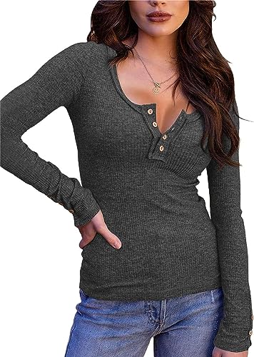 Fessceruna Damen Langarmshirt U-Ausschnitt Slim Fit Henley Shirt Gerippt Oberteile mit Knöpfen Casual von Fessceruna