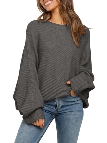 Fessceruna Damen Pullover Oversize Fledermausärmel Strickpullover Winter Rundhals Pulli Geripptes Sweatshirt(Dunkelgrau, M) von Fessceruna