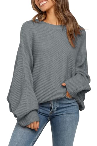 Fessceruna Damen Pullover Oversize Fledermausärmel Strickpullover Winter Rundhals Pulli Geripptes Sweatshirt(Grau, XXL) von Fessceruna