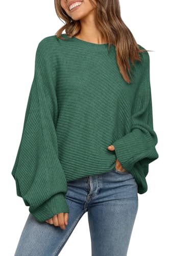Fessceruna Damen Pullover Oversize Fledermausärmel Strickpullover Winter Rundhals Pulli Geripptes Sweatshirt(Grün, M) von Fessceruna
