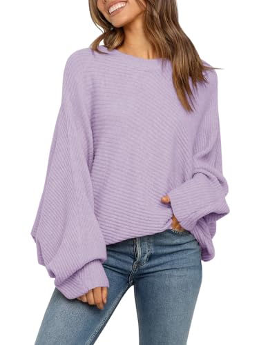 Fessceruna Damen Pullover Oversize Fledermausärmel Strickpullover Winter Rundhals Pulli Geripptes Sweatshirt(Lila, XL) von Fessceruna