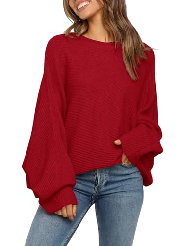Fessceruna Damen Pullover Oversize Fledermausärmel Strickpullover Winter Rundhals Pulli Geripptes Sweatshirt(Rot, M) von Fessceruna
