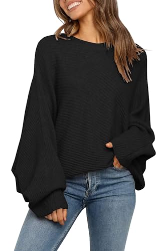 Fessceruna Damen Pullover Oversize Fledermausärmel Strickpullover Winter Rundhals Pulli Geripptes Sweatshirt(Schwarz, L) von Fessceruna