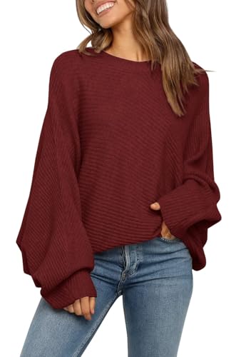 Fessceruna Damen Pullover Oversize Fledermausärmel Strickpullover Winter Rundhals Pulli Geripptes Sweatshirt(Weinrot, M) von Fessceruna