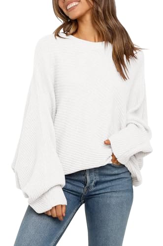 Fessceruna Damen Pullover Oversize Fledermausärmel Strickpullover Winter Rundhals Pulli Geripptes Sweatshirt(Weiß, M) von Fessceruna