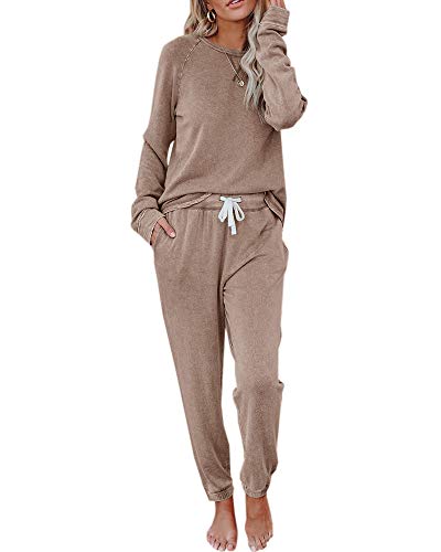 Fessceruna Damen Schlafanzug Langarm Rundhalsausschnitt Freizeitanzug Hausanzug Einfarbig Zweiteiliger Outfit Casual Loungewear Herbst von Fessceruna