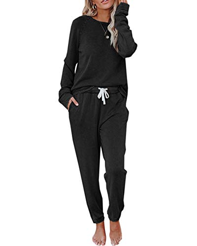 Fessceruna Damen Schlafanzug Langarm Rundhalsausschnitt Freizeitanzug Hausanzug Einfarbig Zweiteiliger Outfit Casual Loungewear Herbst von Fessceruna