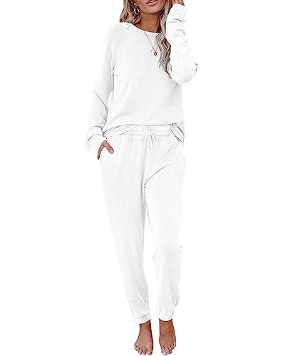 Fessceruna Damen Schlafanzug Langarm Rundhalsausschnitt Freizeitanzug Hausanzug Einfarbig Zweiteiliger Outfit Casual Loungewear Herbst von Fessceruna