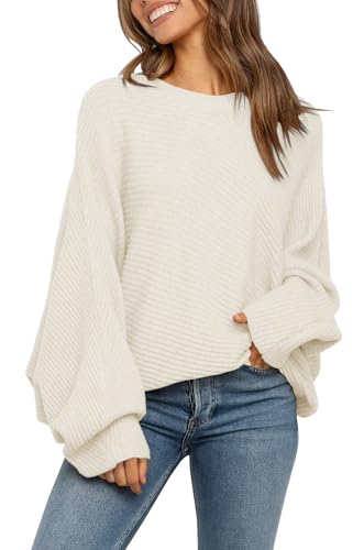 Fessceruna Damen Strickpullover Fledermausärmel Oversized Pullover Rundhalsausschnitt Winter Geripptes Sweatershirt von Fessceruna