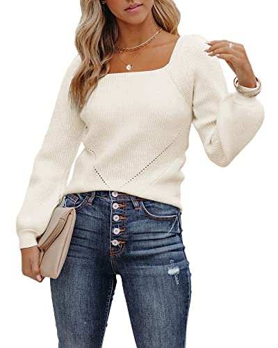 Fessceruna Damen Strickpullover Laternenärmel Langarm Pullover Quadratischer Ausschnitt Winter Feinstrick Sweatershirt,Beige,L von Fessceruna