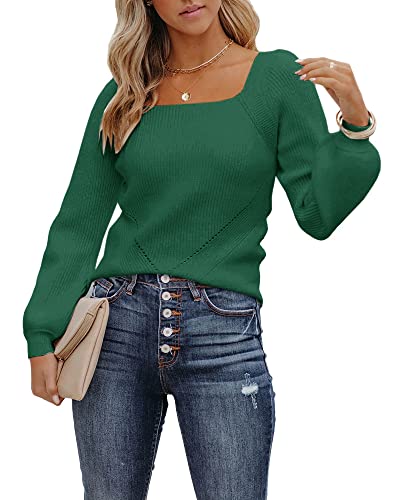 Fessceruna Damen Strickpullover Laternenärmel Langarm Pullover Quadratischer Ausschnitt Winter Feinstrick Sweatershirt,Grün,XL von Fessceruna