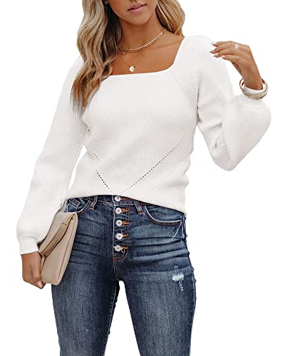 Fessceruna Damen Strickpullover Laternenärmel Langarm Pullover Quadratischer Ausschnitt Winter Feinstrick Sweatershirt,Weiß,L von Fessceruna