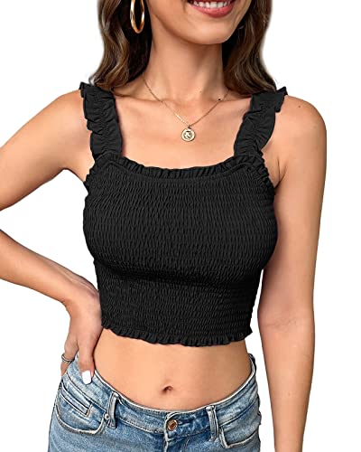 Fessceruna Damen Gesmoktes Tank Tops Sommer Rüschenbesatz Ärmellose Slim Crop Tops von Fessceruna