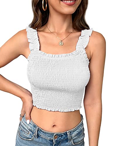 Fessceruna Damen Gesmoktes Tank Tops Sommer Rüschenbesatz Ärmellose Slim Crop Tops von Fessceruna