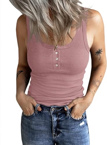 Fessceruna Damen Tops Slim Fit Oberteile mit Knöpfen Gerippt Ärmellos Tank top Damen U-Ausschnitt Blusentop Casual Sommer Sexy Vest Top Bluse, Dunkelrosa M von Fessceruna