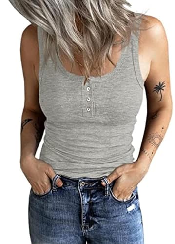 Fessceruna Damen Tops Slim Fit Oberteile mit Knöpfen Gerippt Ärmellos Tank top Damen U-Ausschnitt Blusentop Casual Sommer Sexy Vest Top Bluse, Grau L von Fessceruna