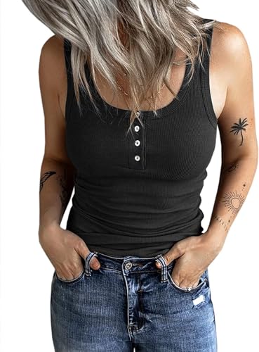 Fessceruna Damen Tops Slim Fit Oberteile mit Knöpfen Gerippt Ärmellos Tank top Damen U-Ausschnitt Blusentop Casual Sommer Sexy Vest Top Bluse,Schwarz L von Fessceruna