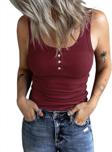 Fessceruna Damen Tops Slim Fit Oberteile mit Knöpfen Gerippt Ärmellos Tank top Damen U-Ausschnitt Blusentop Casual Sommer Sexy Vest Top Bluse,Weinrot L von Fessceruna