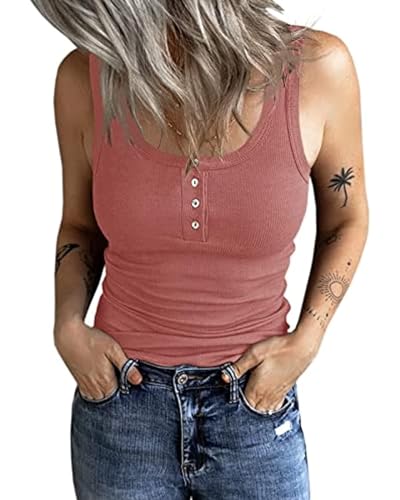 Fessceruna Damen Tops Slim Fit Oberteile mit Knöpfen Gerippt Ärmellos Tank top Damen U-Ausschnitt Blusentop Casual Sommer Sexy Vest Top Bluse,Rosa L von Fessceruna