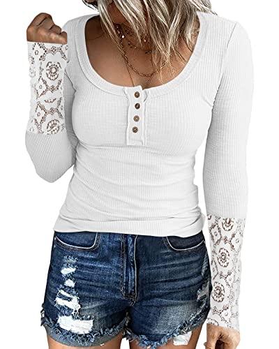 Fessceruna Langarmshirt Damen Spitze Rundhals Sweatshirt mit Knöpfe Pullover Herbst Oberteile von Fessceruna