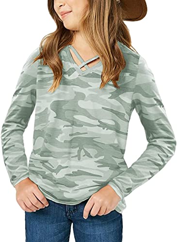 Mädchen Camouflage Langarm T-Shirt V Ausschnitt Criss Cross Kinder Sport Tops Bluse von Fessceruna