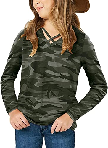 Mädchen Camouflage Langarm T-Shirt V Ausschnitt Criss Cross Kinder Sport Tops Bluse von Fessceruna