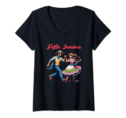 Damen Festa Junina, Juni-Festival in Brasilien, brasilianische Feier T-Shirt mit V-Ausschnitt Damen Festa Junina, Juni-Festival in Brasilien, brasilianische Feier T-Shirt mit V-Ausschnitt von Festa Junina, June Festival in Brazil Graphic