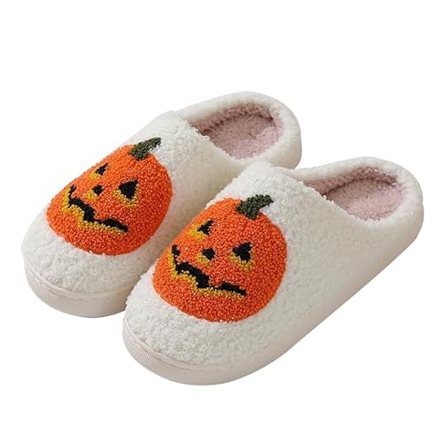 Halloween-Kürbis-Hausschuhe für Unisex - gruselig Süße flauschige Winterschuhe, superweich & warm (Weißer gelber-Kürbis, 42/43, Erwachsene, 42, Numerisch (von/bis), EU Schuhgrößensystem, 43, M) von FestiKiva