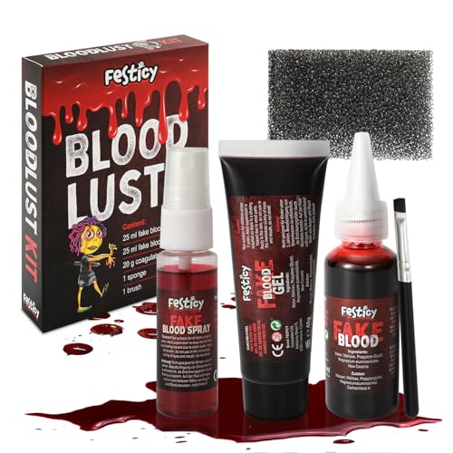 Festicy Kunstblut Halloween Set 2025 I 25ml Kunst Blut, 25ml Kunstblut Spray, 20g Fake Blood Gel, Schwamm & Pinsel I Fake Blut für Halloween Make up I SFX I Kunstblut auswaschbar, Blutplasma von Festicy