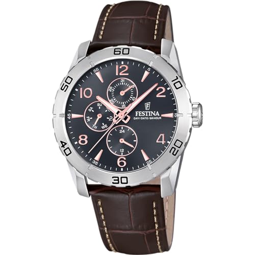 FESTINA Herren Armbanduhr F16607/E Outlet Grau silber 316l Edelstahl case Braunleder Armband, gray, Band von Festina