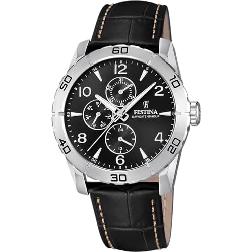 FESTINA Herren Armbanduhr F16607/F Outlet Grau silber 316l Edelstahl case Schwarz Leder Armband, blacks, Band von Festina
