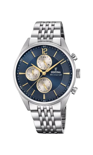 Festina Herren Uhr Timeless Chronograph Armband Blau Edelstahl von Festina