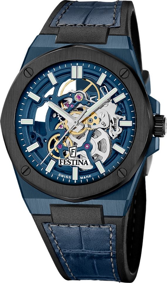 Festina Automatikuhr Festina Herrenuhr Automatik Armbanduhr, (Analoguhr), Herren Armbanduhr rund, Lederarmband blau, Luxus von Festina