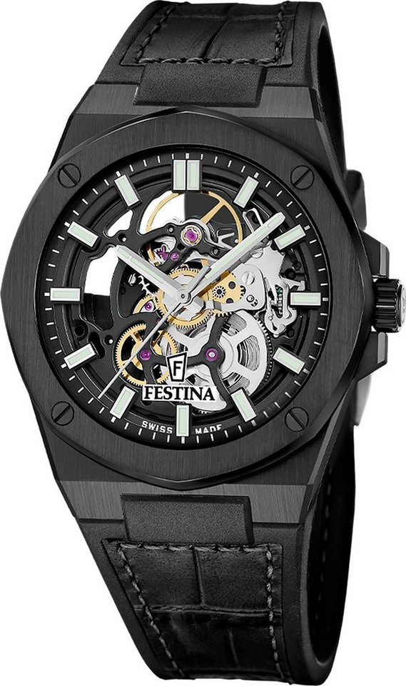 Festina Automatikuhr Festina Herrenuhr Automatik Armbanduhr, (Analoguhr), Herren Armbanduhr rund, Lederarmband schwarz, Luxus von Festina
